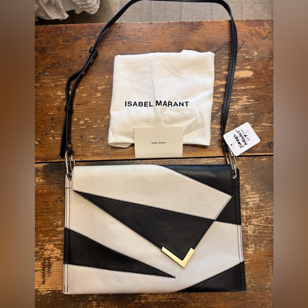 Isabel Marant Trigone Black White Pieced Leather Purse XL Envelope Clutch